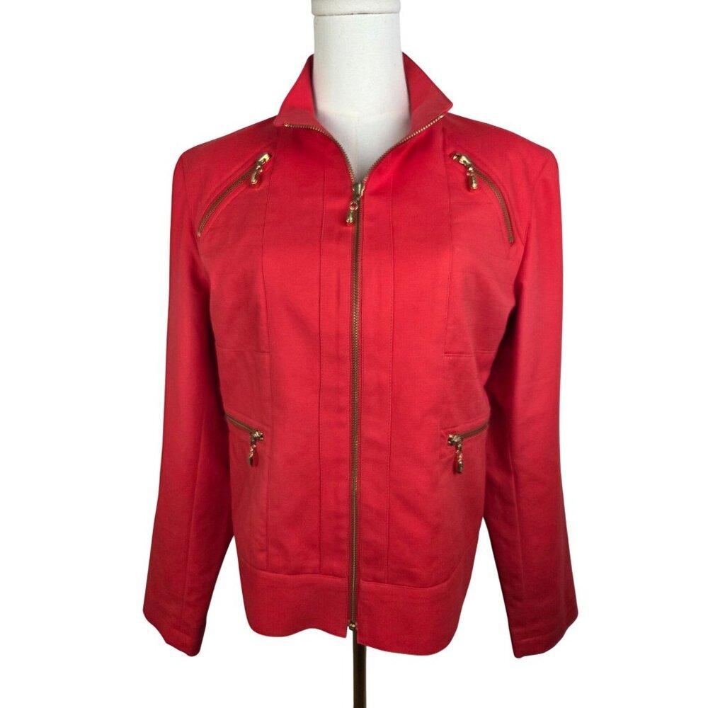 St. John Coat Collection Jacket Medium Red Orange Gold Zipper Designer Old Money
